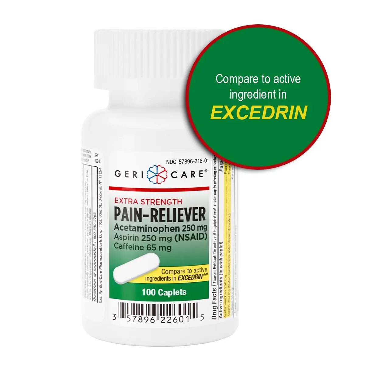 GeriCare Pain Reliever Extra Strength Caplets – 100 Count – Acetaminophen 250mg, Aspirin 250mg (NSAID), Caffeine 65mg – Powerful Triple-Action Formula for Headaches, Migraines & Minor Aches (2 Pack) - dailyvitalstore