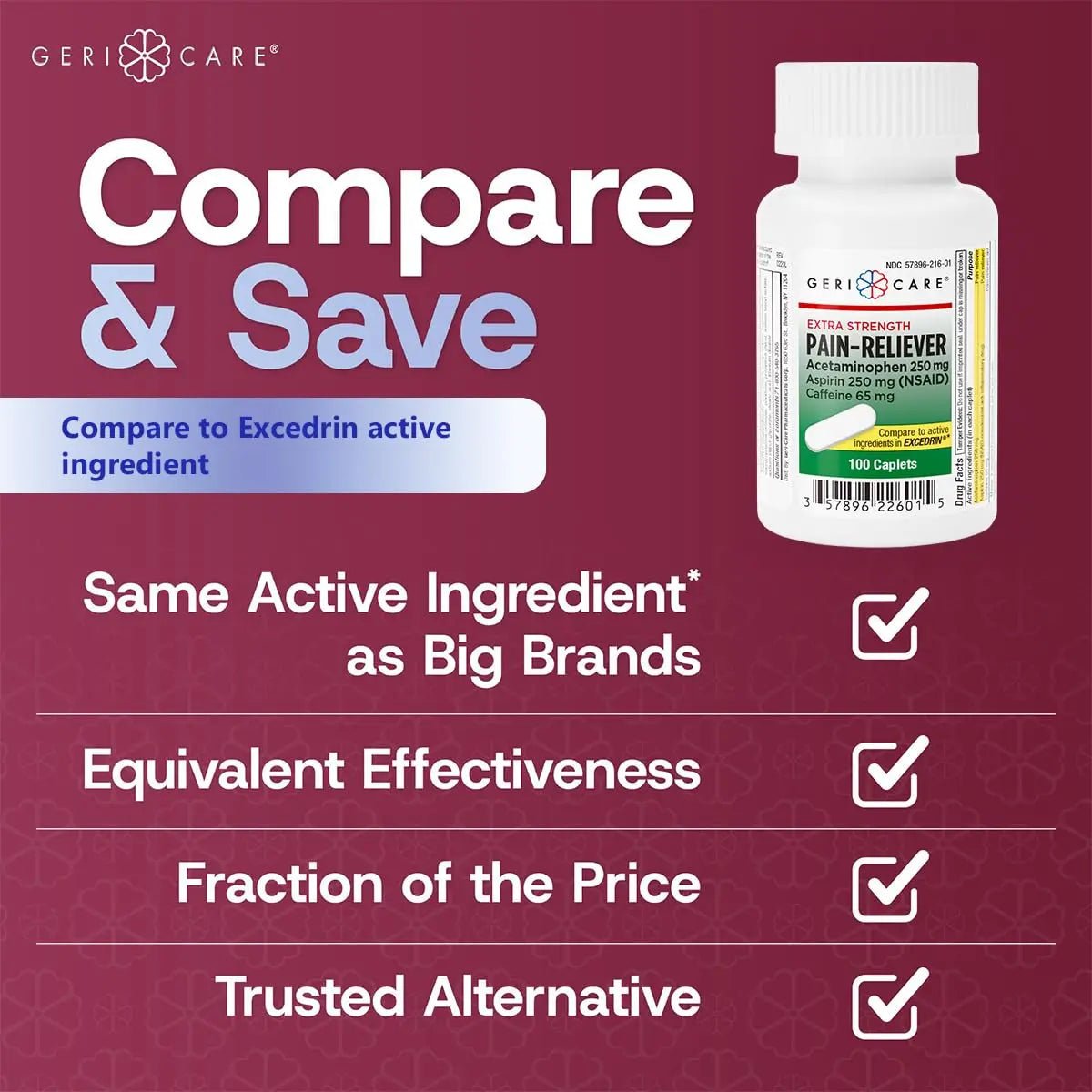 GeriCare Pain Reliever Extra Strength Caplets – 100 Count – Acetaminophen 250mg, Aspirin 250mg (NSAID), Caffeine 65mg – Powerful Triple-Action Formula for Headaches, Migraines & Minor Aches (2 Pack) - dailyvitalstore