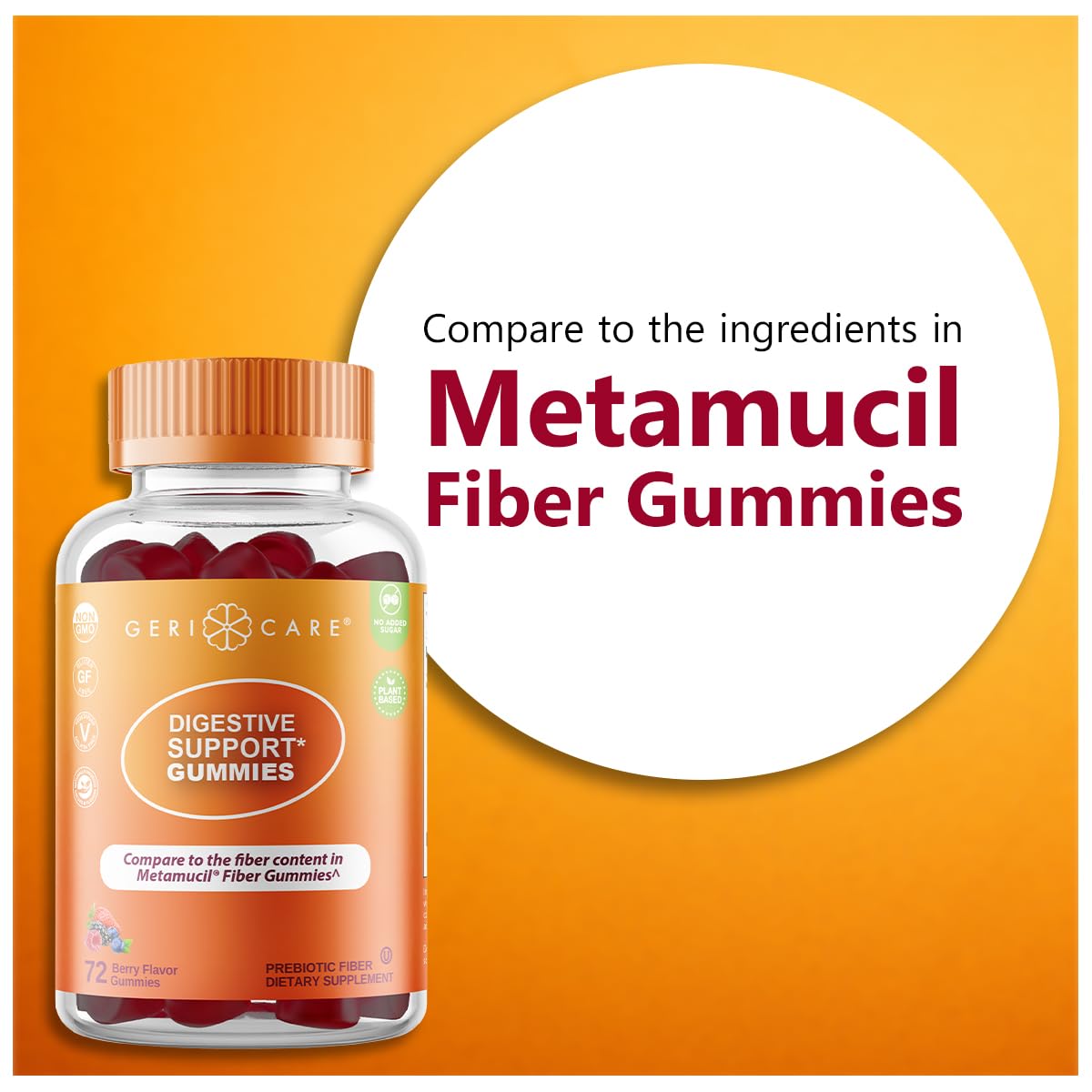 GeriCare Prebiotic Digestive Support, Gummies Compare to Metamucil Fiber Gummies, Berry Flavor, 72 Count, Plant-Based Fiber for Gut Health, Non-GMO, - dailyvitalstore
