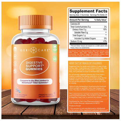 GeriCare Prebiotic Digestive Support, Gummies Compare to Metamucil Fiber Gummies, Berry Flavor, 72 Count, Plant-Based Fiber for Gut Health, Non-GMO, - dailyvitalstore