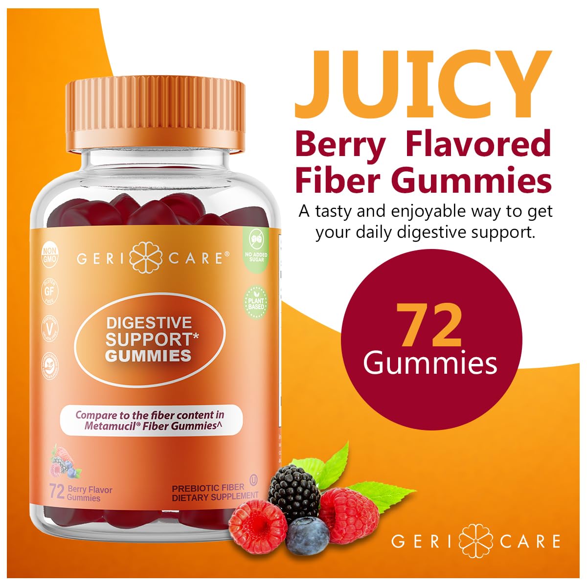 GeriCare Prebiotic Digestive Support, Gummies Compare to Metamucil Fiber Gummies, Berry Flavor, 72 Count, Plant-Based Fiber for Gut Health, Non-GMO, - dailyvitalstore
