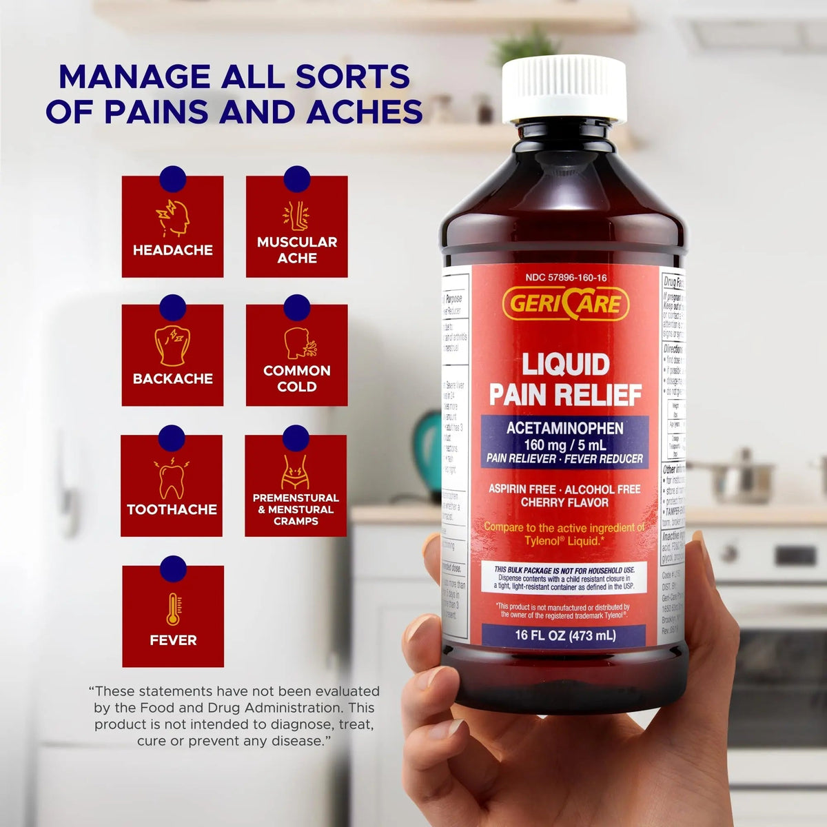 GeriCare Regular Strength Liquid Acetaminophen 160 mg, Pain Reliever, Fever Reducer, Aspirin & Alcohol Free, Cherry Flavored 16 Fl Oz (Pack of 2) - dailyvitalstore