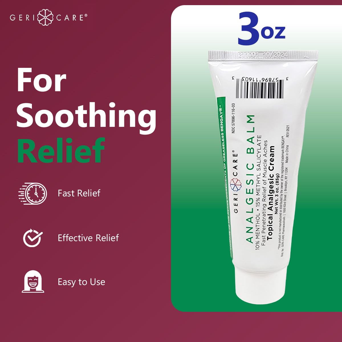GeriCare Topical Analgesic Cream, Menthol 10%, Methyl Salicylate 15%, Fast Absorption, Pain Relief of Minor Muscle Aches, Body Stiffness, Joint Pain & Soreness, 3 Ounce (Pack of 1) - dailyvitalstore