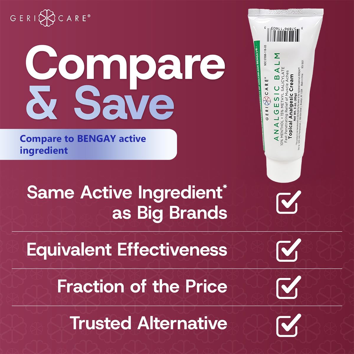 GeriCare Topical Analgesic Cream, Menthol 10%, Methyl Salicylate 15%, Fast Absorption, Pain Relief of Minor Muscle Aches, Body Stiffness, Joint Pain & Soreness, 3 Ounce (Pack of 1) - dailyvitalstore