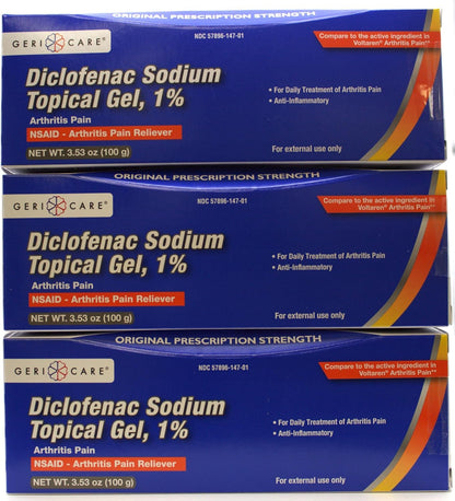 GeriCare Topical Arthritis Pain Relief Gel Diclofenac Sodium 1% (NSAID) Hand Wrist Elbow Foot Ankle Knee Extra-Strength Pain Reliever- Anti-inflammatory Arthritis Pain Treatment, 3.53oz (3 Pack) - dailyvitalstore
