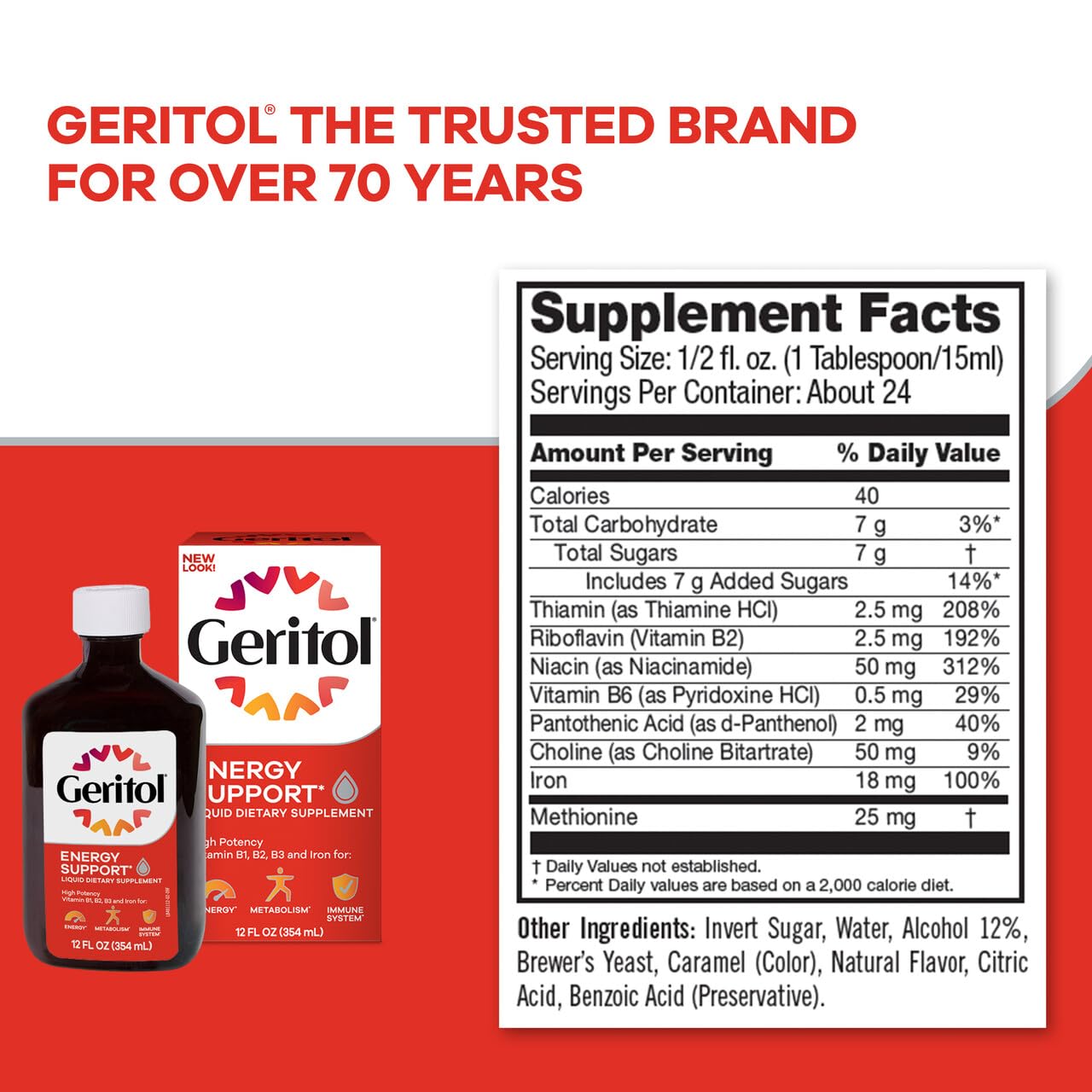 Geritol Liquid Vitamin and Iron Supplement, Energy Support Vitamins, Contains High Potency B-Vitamins and Iron, Easy to Swallow, - dailyvitalstore