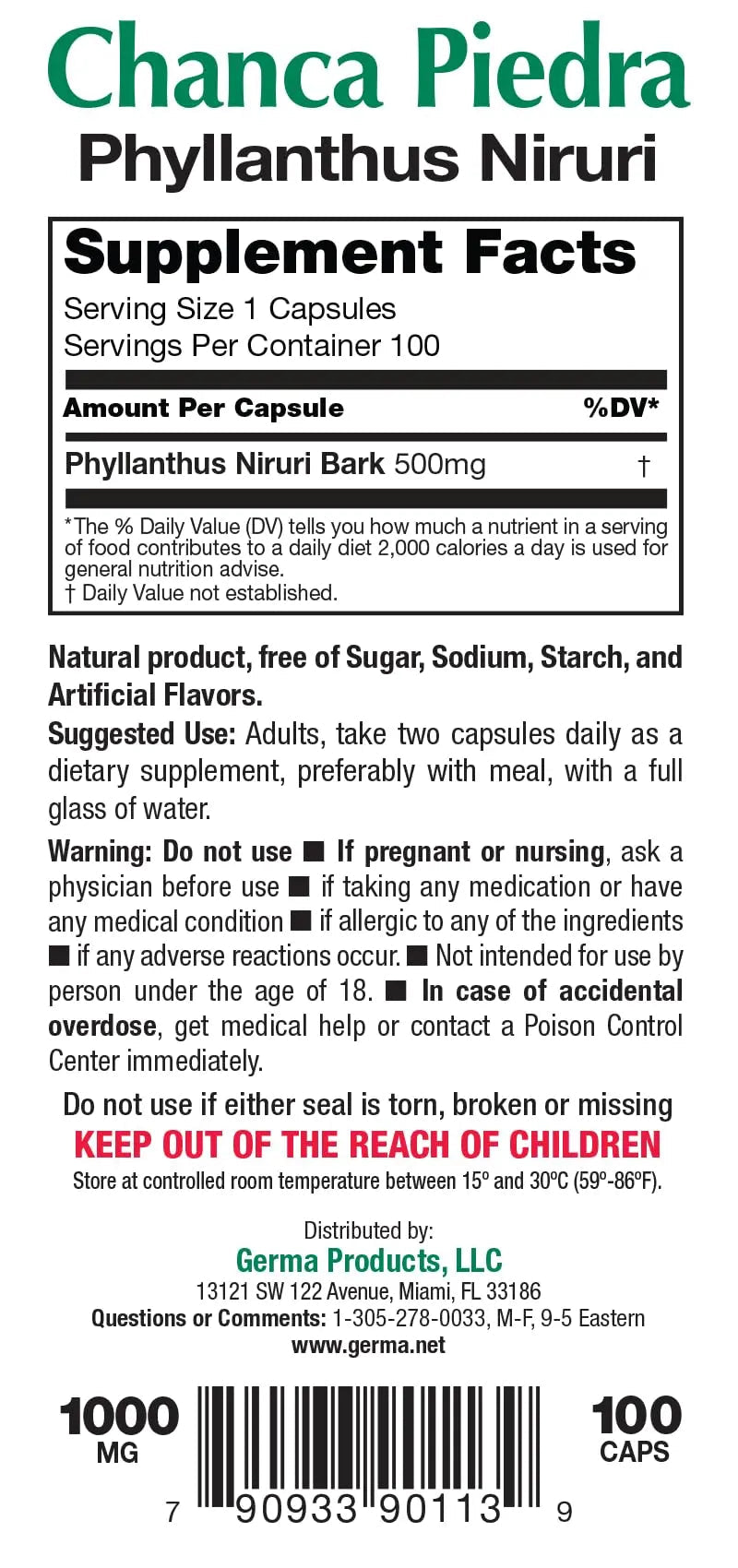 Germa Chanca Piedra Supplement – 500mg Phyllanthus Niruri – Traditional Stone Breaker Herb for Urinary & Kidney Support – Rainforest Botanical – 100% Natural Vegan Capsules, 100 Count - dailyvitalstore