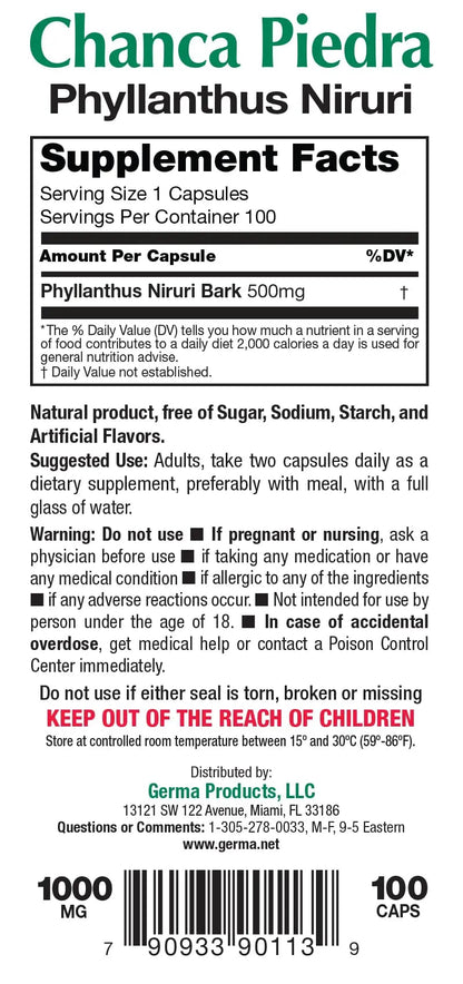 Germa Chanca Piedra Supplement – 500mg Phyllanthus Niruri – Traditional Stone Breaker Herb for Urinary & Kidney Support – Rainforest Botanical – 100% Natural Vegan Capsules, 100 Count - dailyvitalstore