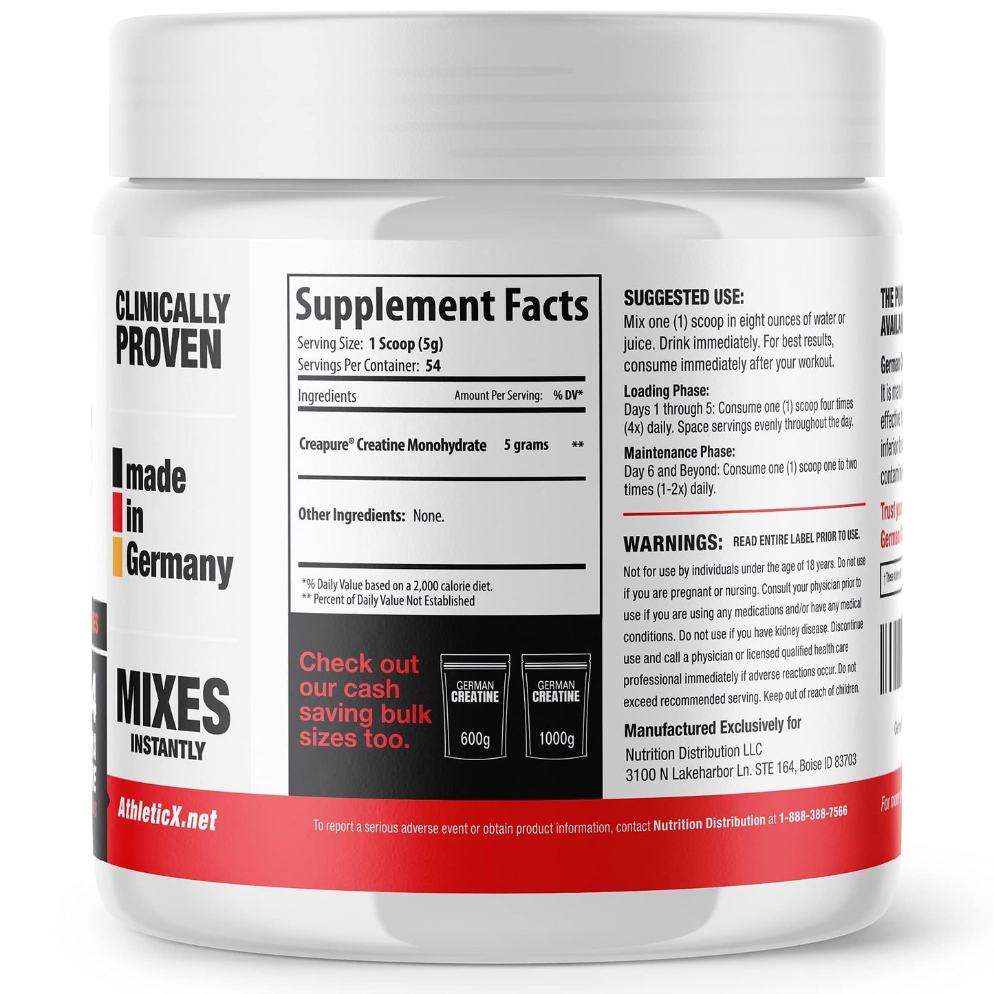 German Creatine - Micronized Creatine Monohydrate Powder, 99.99% Pure Creapure for Muscle Growth, Strength & Performance, Supports Muscle Recovery, 3rd Party Tested, Unflavored - 270g (54 Servings) - dailyvitalstore