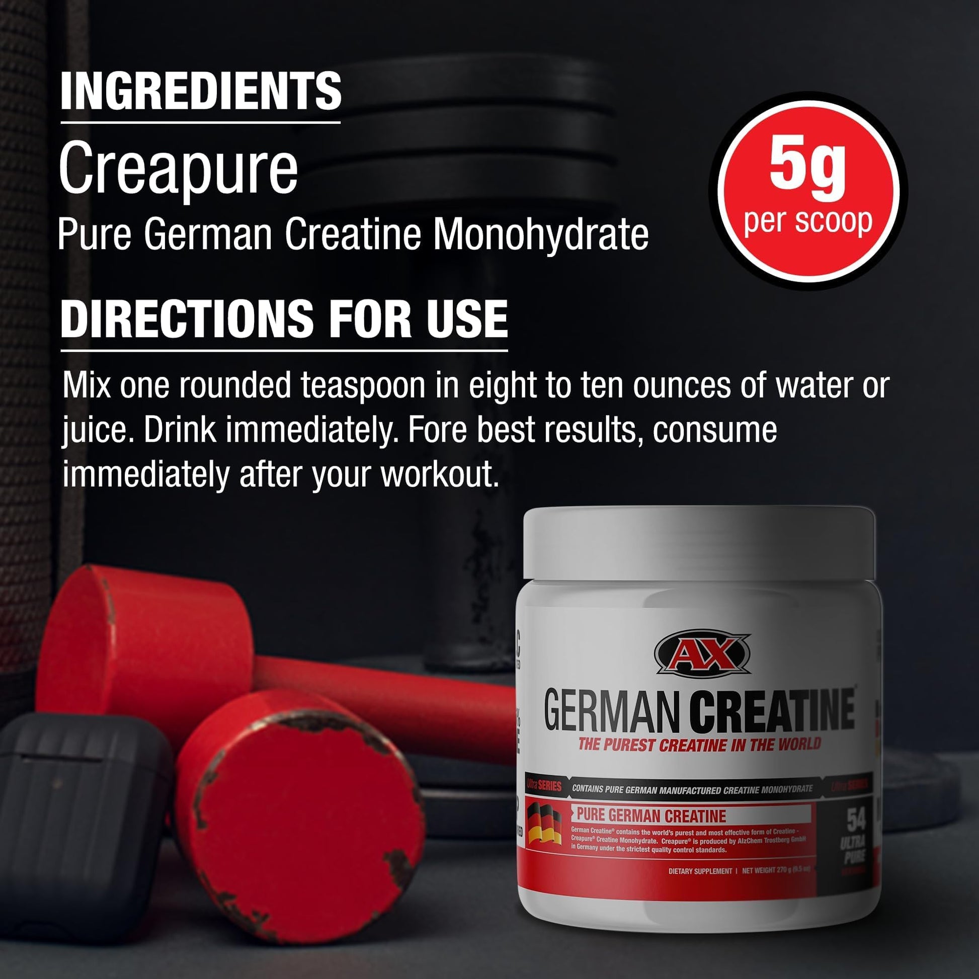 German Creatine - Micronized Creatine Monohydrate Powder, 99.99% Pure Creapure for Muscle Growth, Strength & Performance, Supports Muscle Recovery, 3rd Party Tested, Unflavored - 270g (54 Servings) - dailyvitalstore