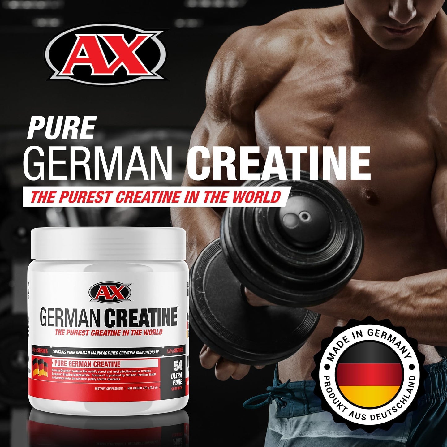 German Creatine - Micronized Creatine Monohydrate Powder, 99.99% Pure Creapure for Muscle Growth, Strength & Performance, Supports Muscle Recovery, 3rd Party Tested, Unflavored - 270g (54 Servings) - dailyvitalstore