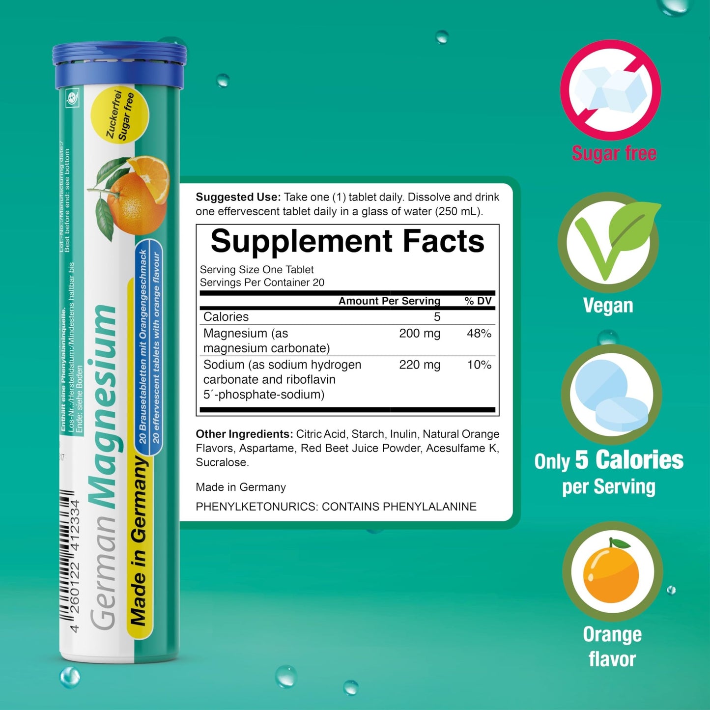 German Magnesium Oxide Supplement | Effervescent Tablets | Orange Flavor – 200 mg Magnesium per Serving | Sugar Free, Vegan – T&D Pharma – Made in Germany - dailyvitalstore