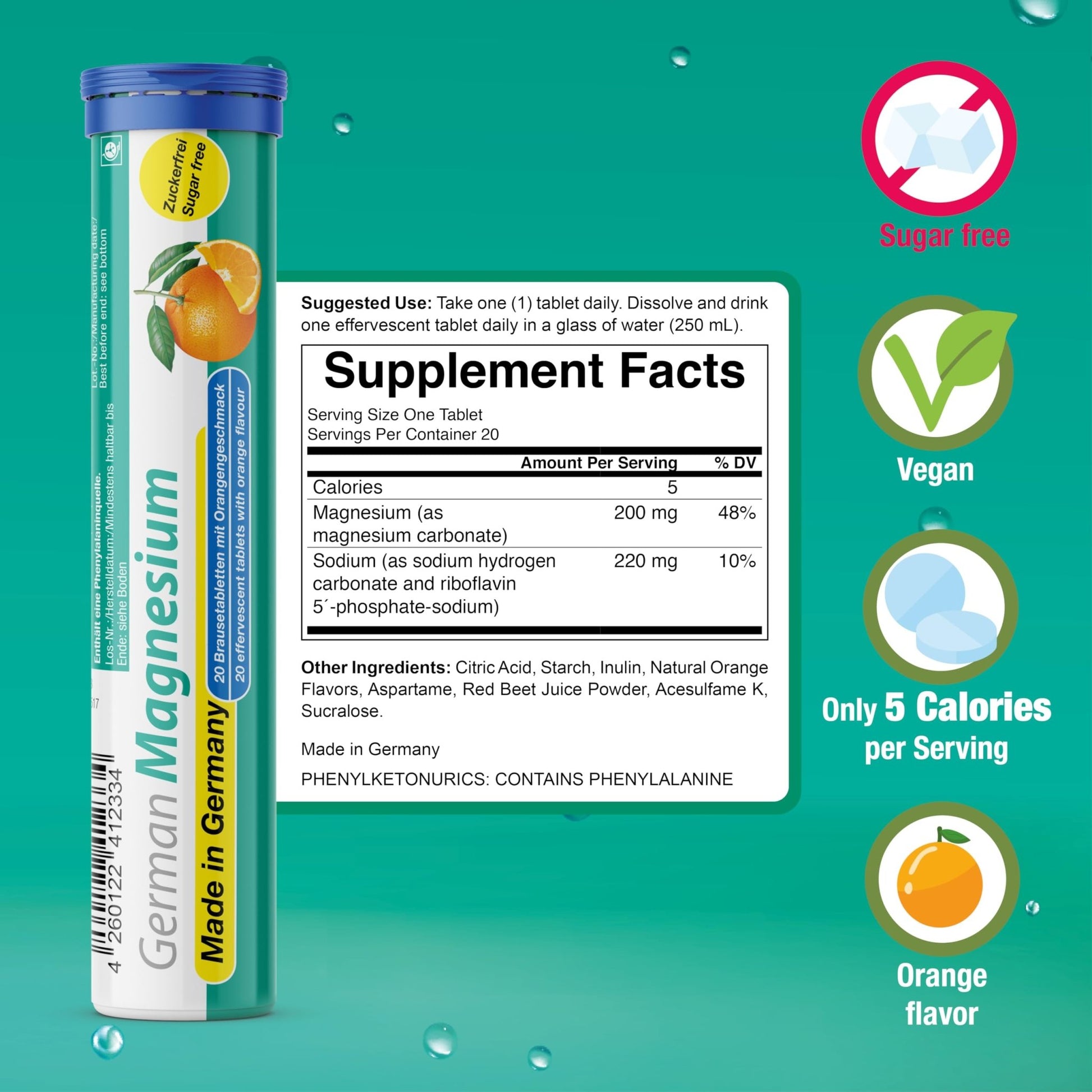 German Magnesium Oxide Supplement | Effervescent Tablets | Orange Flavor – 200 mg Magnesium per Serving | Sugar Free, Vegan – T&D Pharma – Made in Germany - dailyvitalstore