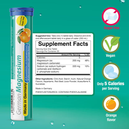 German Magnesium Oxide Supplement | Effervescent Tablets | Orange Flavor – 200 mg Magnesium per Serving | Sugar Free, Vegan – T&D Pharma – Made in Germany - dailyvitalstore