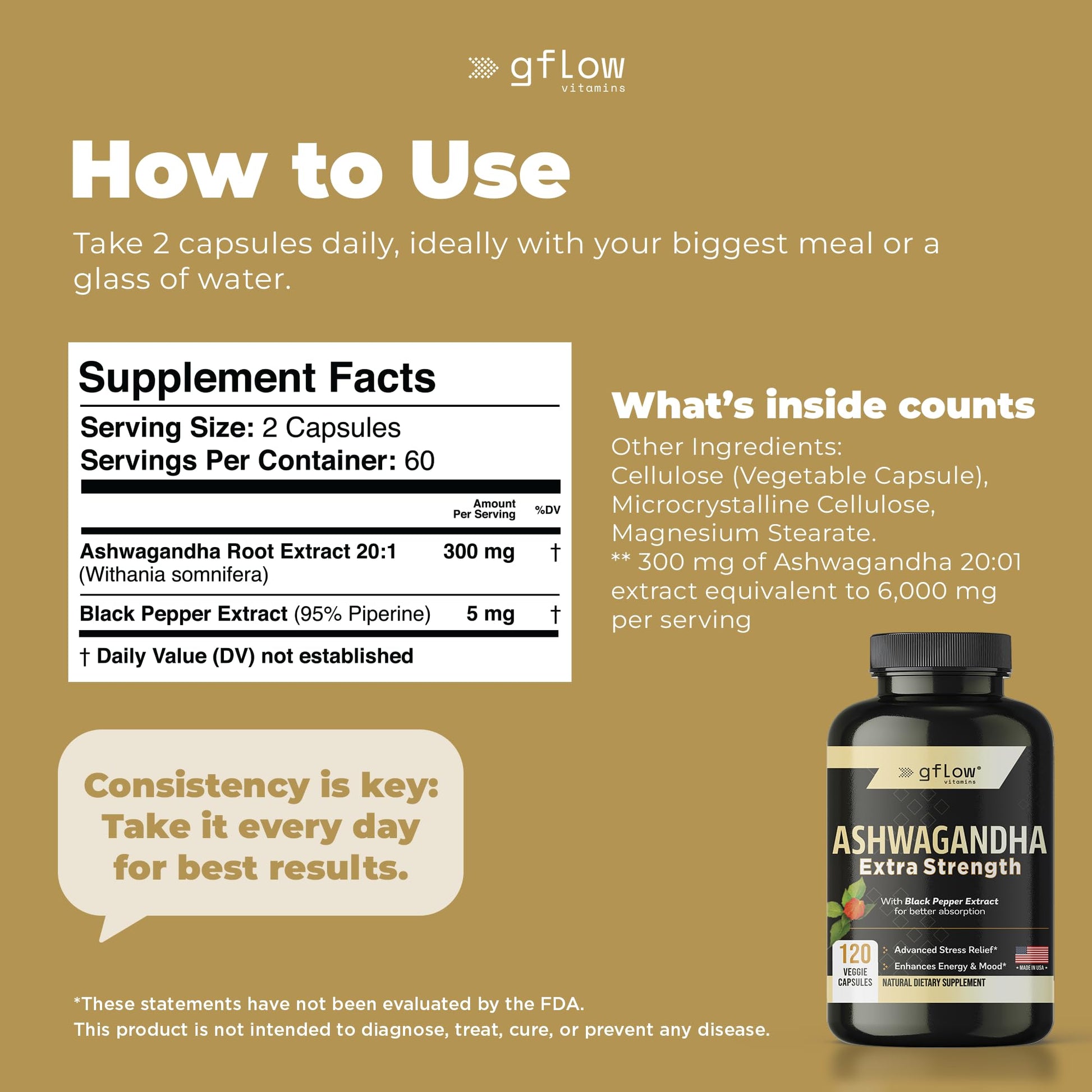 gflow vitamins Ashwagandha Supplements for Women and Men | Sleep, Mood and Energy Support | Extra Strength - dailyvitalstore