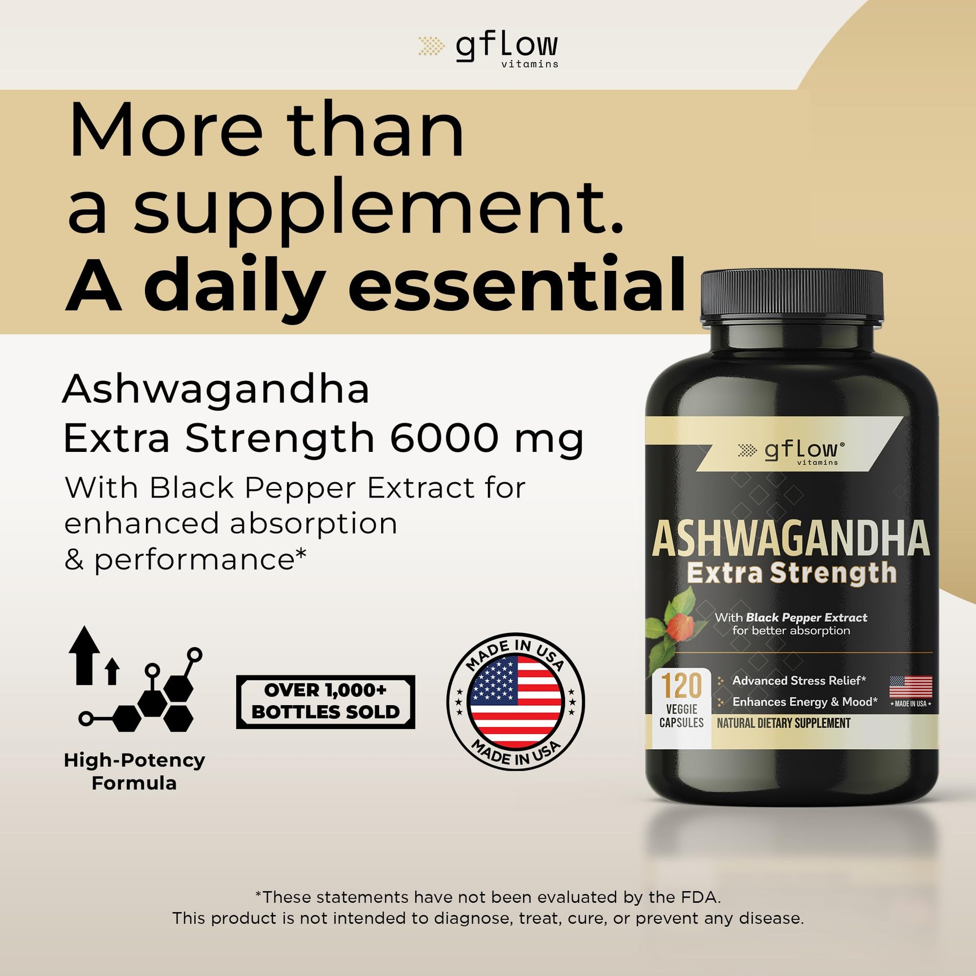 gflow vitamins Ashwagandha Supplements for Women and Men | Sleep, Mood and Energy Support | Extra Strength - dailyvitalstore
