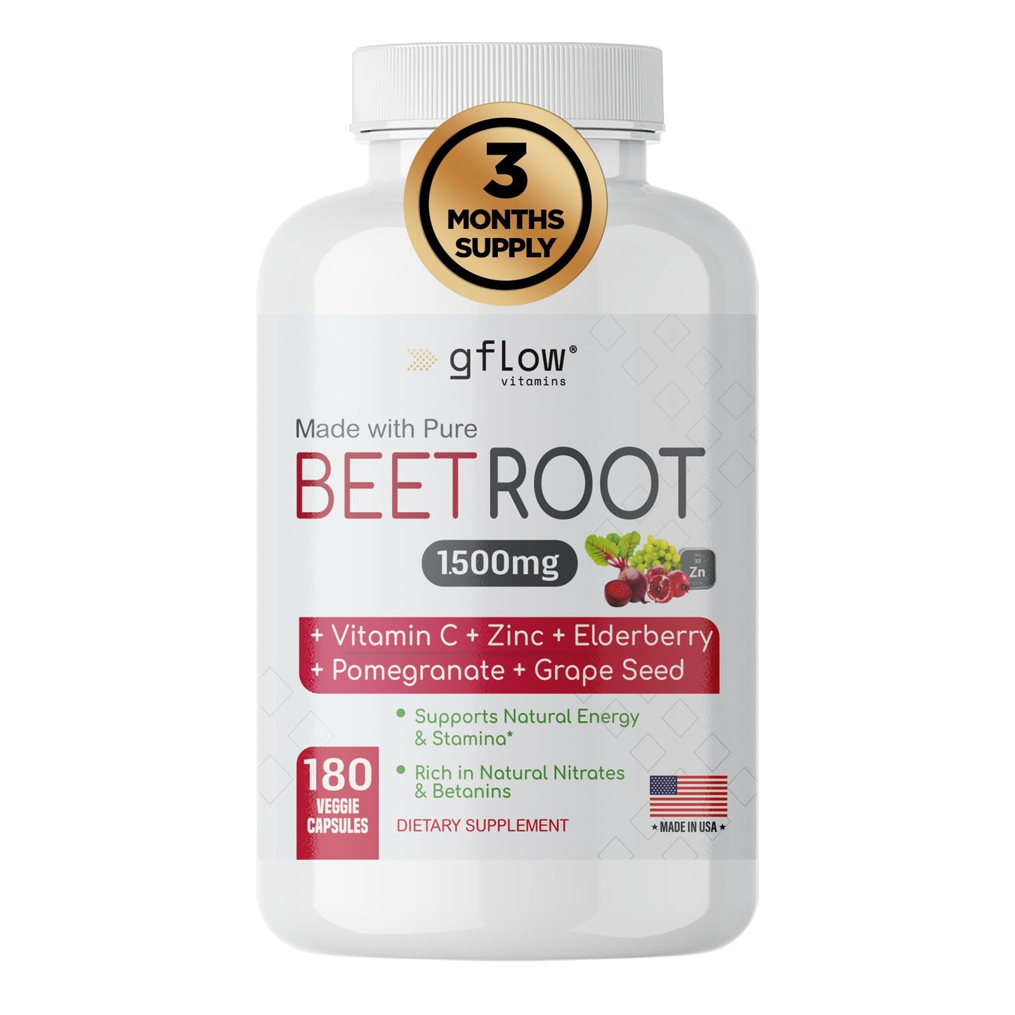 gflow vitamins Beet Root Capsules Organic - All Natural with Vitamin C and Zinc - Supports Heart Health & Stamina, Non-GMO, 180 Vegetarian Capsules | Made in USA - dailyvitalstore