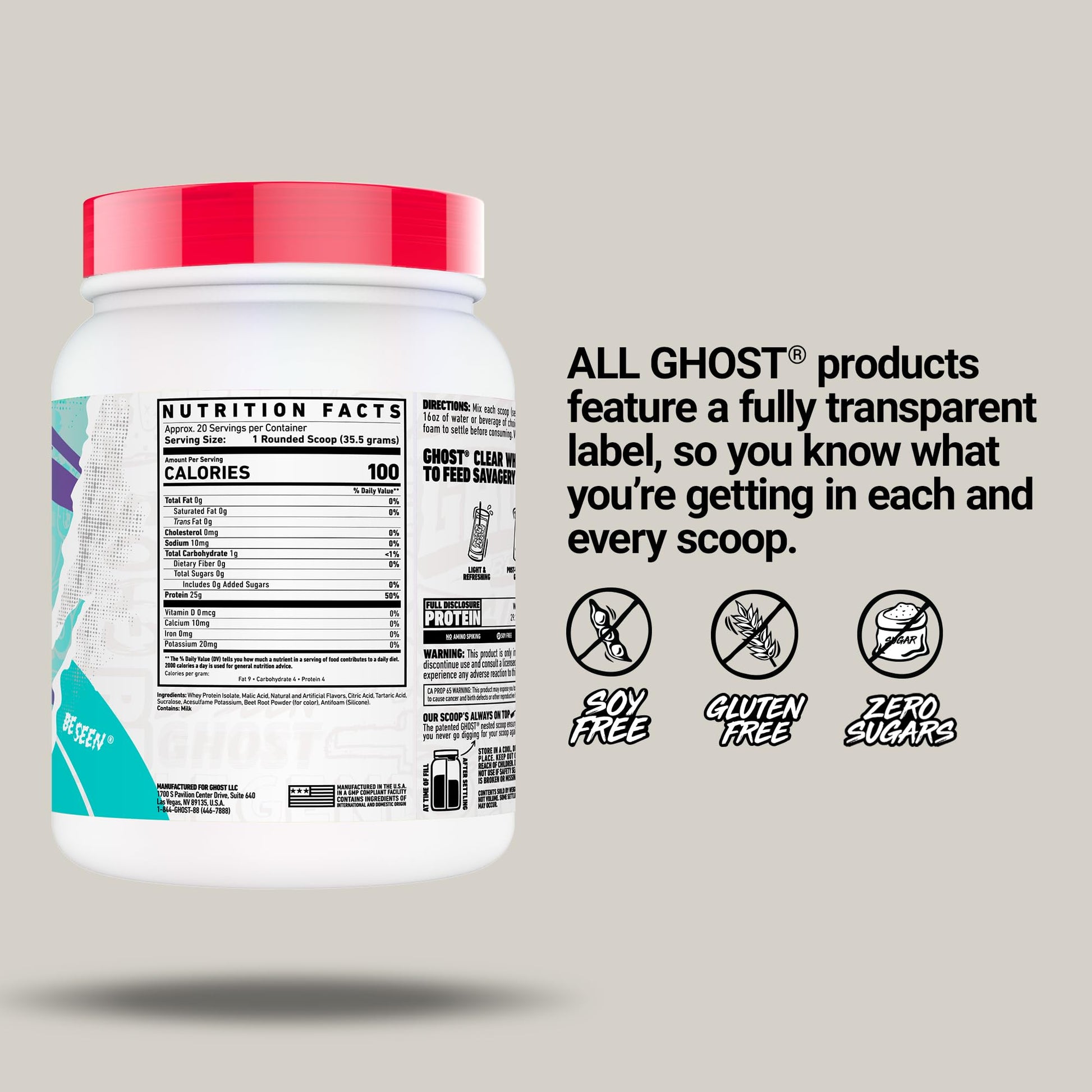 GHOST Clear Whey Isolate Protein Powder, Strawberry Watermelon - 1.57 LB Tub, 25G of Whey Protein - Post Workout Drink for Muscle Gain & Recovery – Sugar Free, Soy Free & Zero Fat, 20 Servings - dailyvitalstore