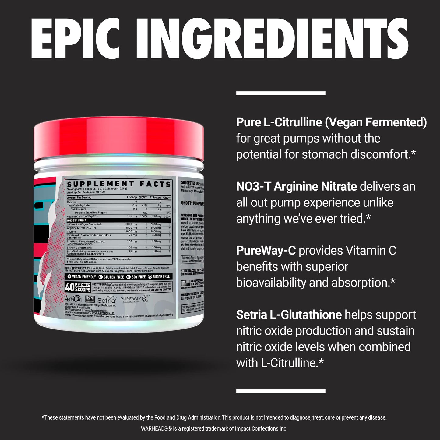 GHOST Pump Nitric Oxide Powder, Warheads Sour Watermelon - 40 Servings - Sugar & Stim-Free Pre-Workout Supplements- L-Citrulline, Arginine Nitrate & L-Glutathione - Soy & Gluten-Free, Vegan - dailyvitalstore