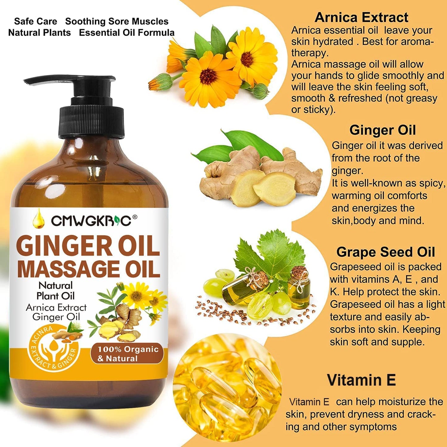 Ginger Oil,Ginger Massage Oil for Lymphatic Drainage,Natural Body Oil for Skin,Arnica Oil,Sore Muslce Massage Oil,Spa Ginger Oil-Warming and Relaxing for Mothers Day Gifts for Wife,Fathers Day Gift - dailyvitalstore