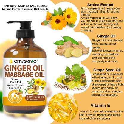 Ginger Oil,Ginger Massage Oil for Lymphatic Drainage,Natural Body Oil for Skin,Arnica Oil,Sore Muslce Massage Oil,Spa Ginger Oil-Warming and Relaxing for Mothers Day Gifts for Wife,Fathers Day Gift - dailyvitalstore