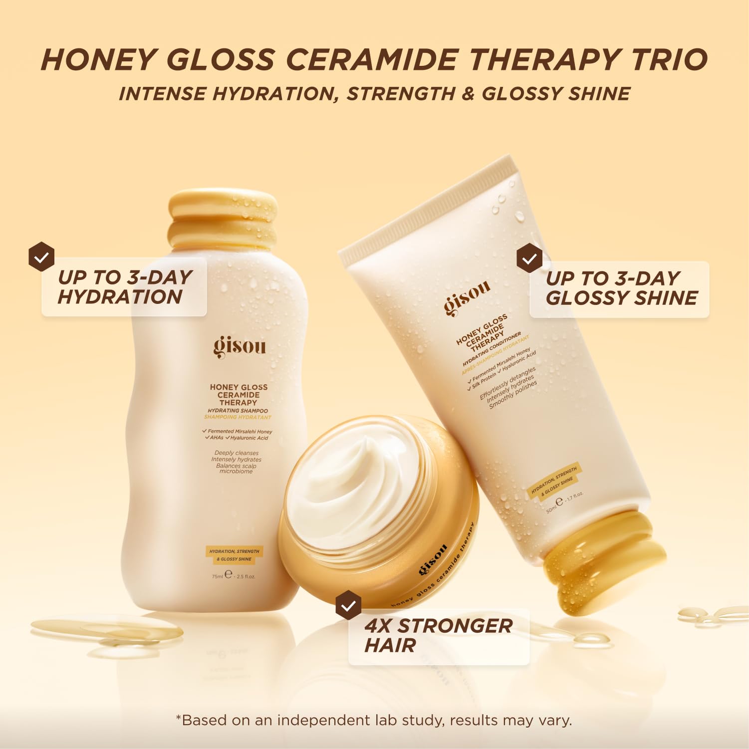 Gisou Honey Gloss Hair Therapy Trio - Mini Shampoo, Hair Mask and Conditioner for smoother, stronger and glossier hair - dailyvitalstore