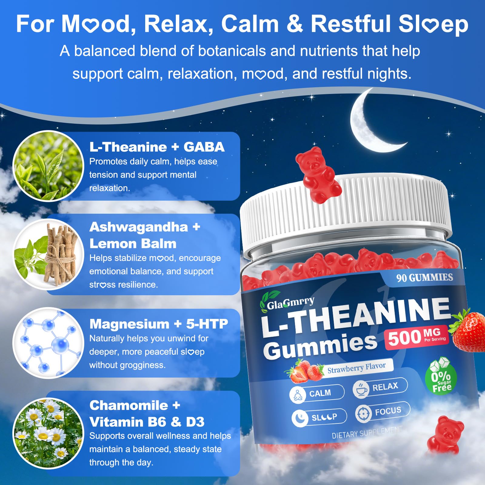 GlaGmrry 180 Count | L Theanine Gummies, L Theanine Supplement for Adults & Kids, w/Ashwagandha, Magnesium, GABA & 5-HTP, Sugar Free Liposomal Formula for Calm Relax zzZ M♡♡d & Focus, Vegan - dailyvitalstore