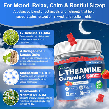 GlaGmrry 90 Count | L Theanine Gummies, L Theanine Supplement for Adults & Kids, w/Ashwagandha, Magnesium, GABA & 5-HTP, Sugar Free Liposomal Formula for Calm Relax zzZ M♡♡d & Focus, Vegan - dailyvitalstore
