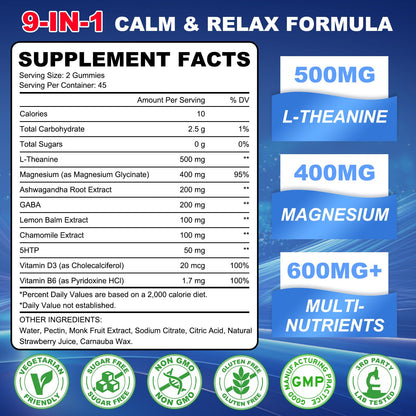 GlaGmrry 90 Count | L Theanine Gummies, L Theanine Supplement for Adults & Kids, w/Ashwagandha, Magnesium, GABA & 5-HTP, Sugar Free Liposomal Formula for Calm Relax zzZ M♡♡d & Focus, Vegan - dailyvitalstore