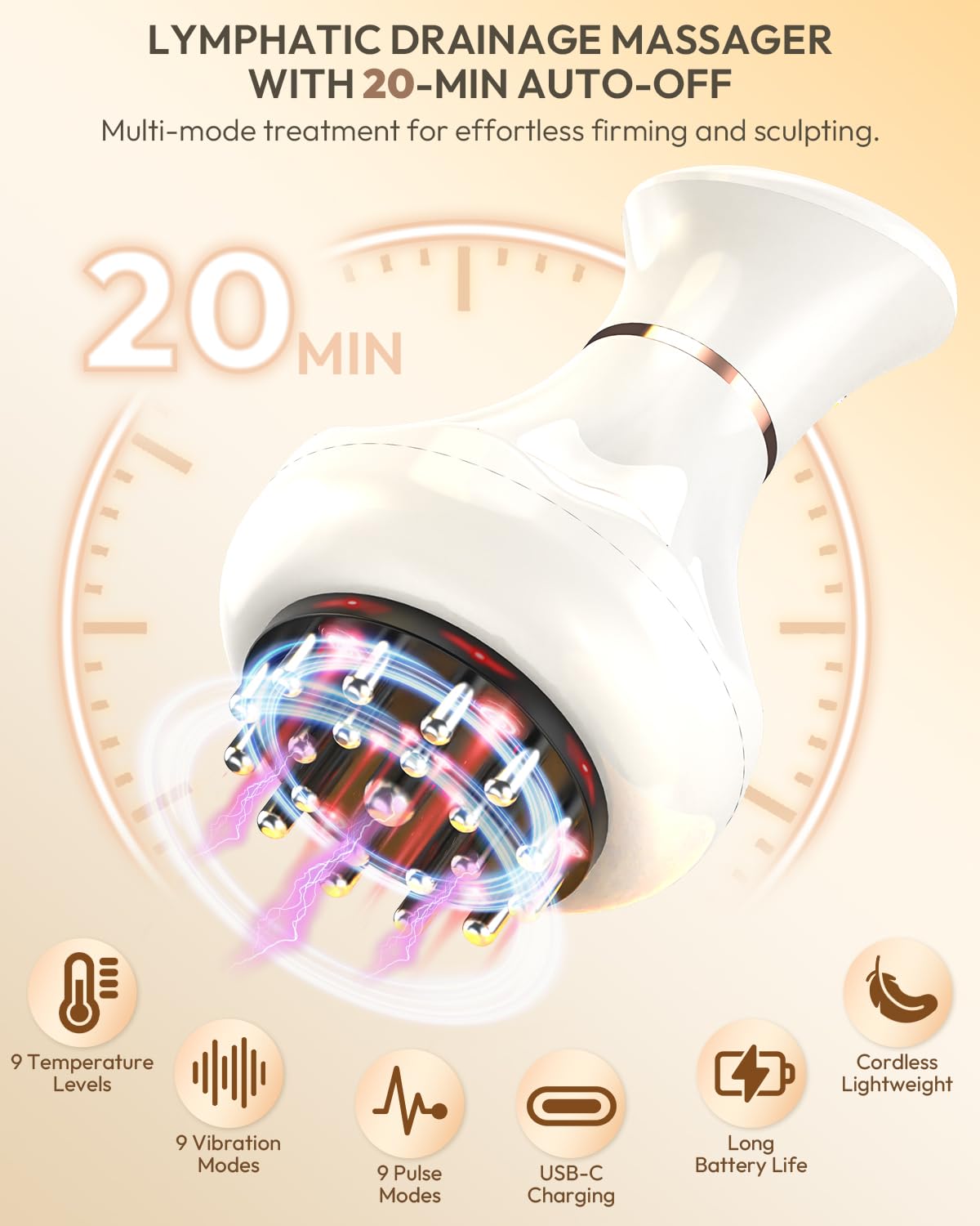 Glamesty Lymphatic Drainage Massager & Anti Cellulite Massage Tool, Body Sculpting Machine with Light, Soothing Pulse, Heat & Vibration, Heated Lymph Brush for Legs, Hip, Arms, Belly (White) - dailyvitalstore