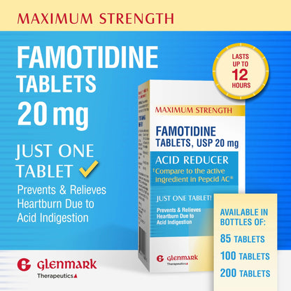 Glenmark Maximum Strength Famotidine Tablets, 20 mg, Acid Reducer for Heartburn Relief, 200 Count - dailyvitalstore
