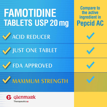 Glenmark Maximum Strength Famotidine Tablets, 20 mg, Acid Reducer for Heartburn Relief, 200 Count - dailyvitalstore