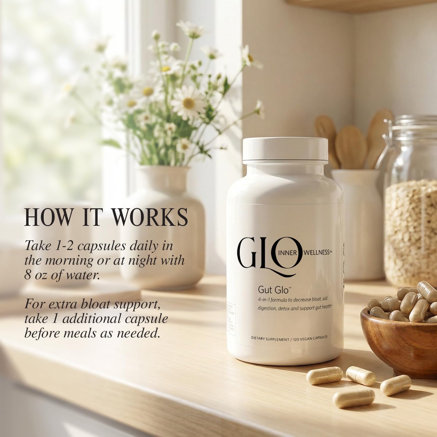 GLO Inner Wellness Gut Glo Natural Bloating Relief, Gut Health, Digestion & Constipation Aid 4-in-1 Probiotic, Digestive Enzyme, Magnesium - dailyvitalstore