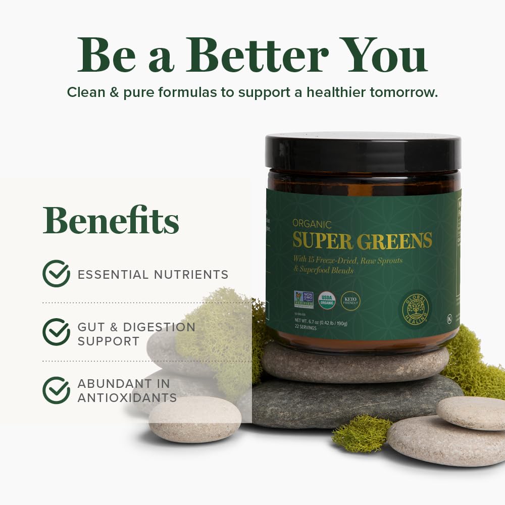 Global Healing Organic Super Greens Powder Blend - Greens Superfood Powder with 15 Raw Whole Sprouts - Delicious Green Juice Smoothie Mix for Daily Nutrition - Non-GMO, Gluten-Free Greens Supplements - dailyvitalstore