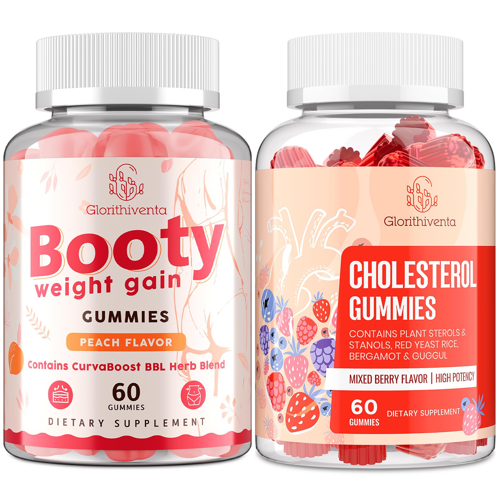 Glorithiventa Cholesterol & Booty Gummies Supplement Bundle - Plant Sterols & Stanols + CurvaBoost BBL Herb Blend & Creatine Monohydrate - Cholesterol Normal Level, Booty, Curves & Energy - dailyvitalstore