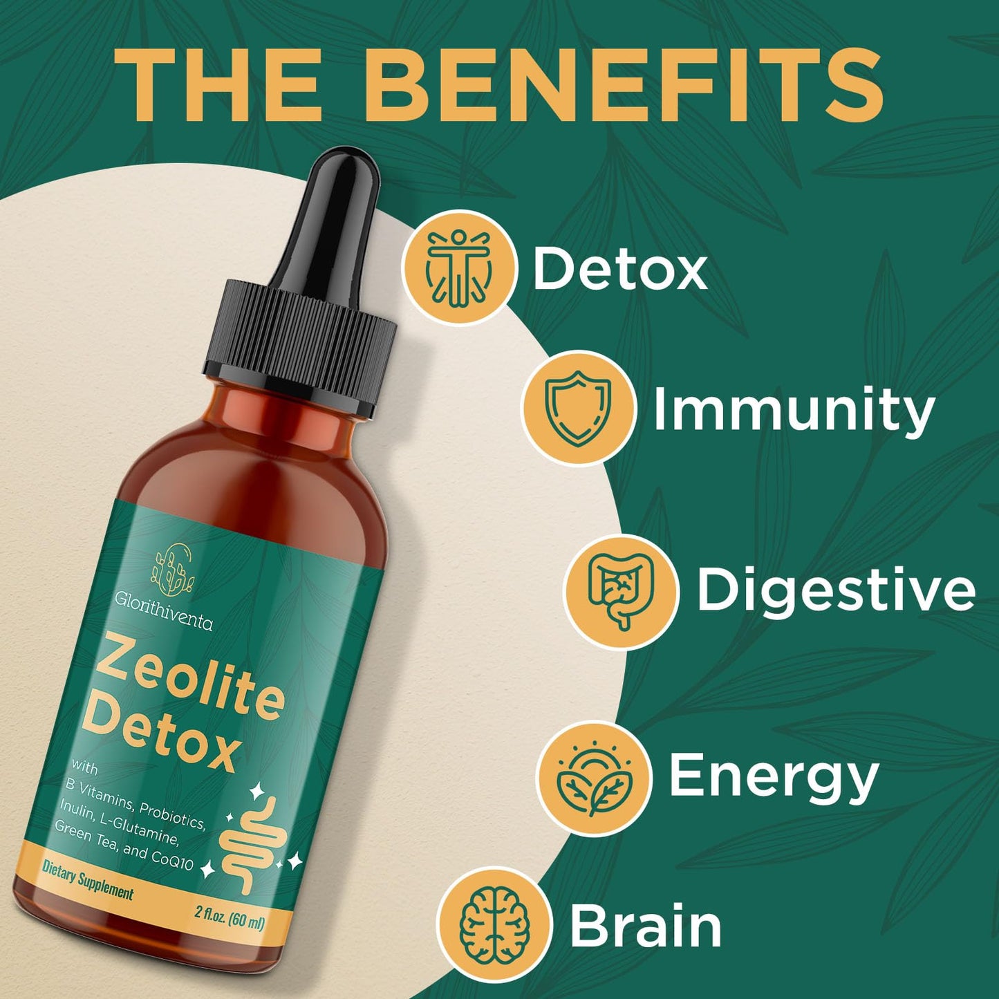 Glorithiventa Zeolite Detox for Adults, Zeolite Liquid Drops with Vitamin B, Probiotic Blend - Energy, Gut, Focus - 2 Fl Oz (1 Bottle) - dailyvitalstore