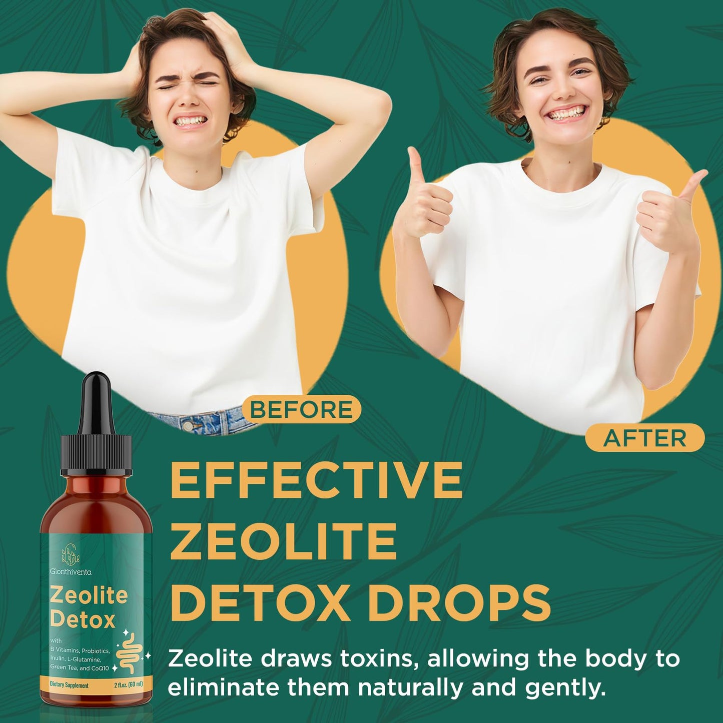 Glorithiventa Zeolite Detox for Adults, Zeolite Liquid Drops with Vitamin B, Probiotic Blend - Energy, Gut, Focus - 2 Fl Oz (1 Bottle) - dailyvitalstore