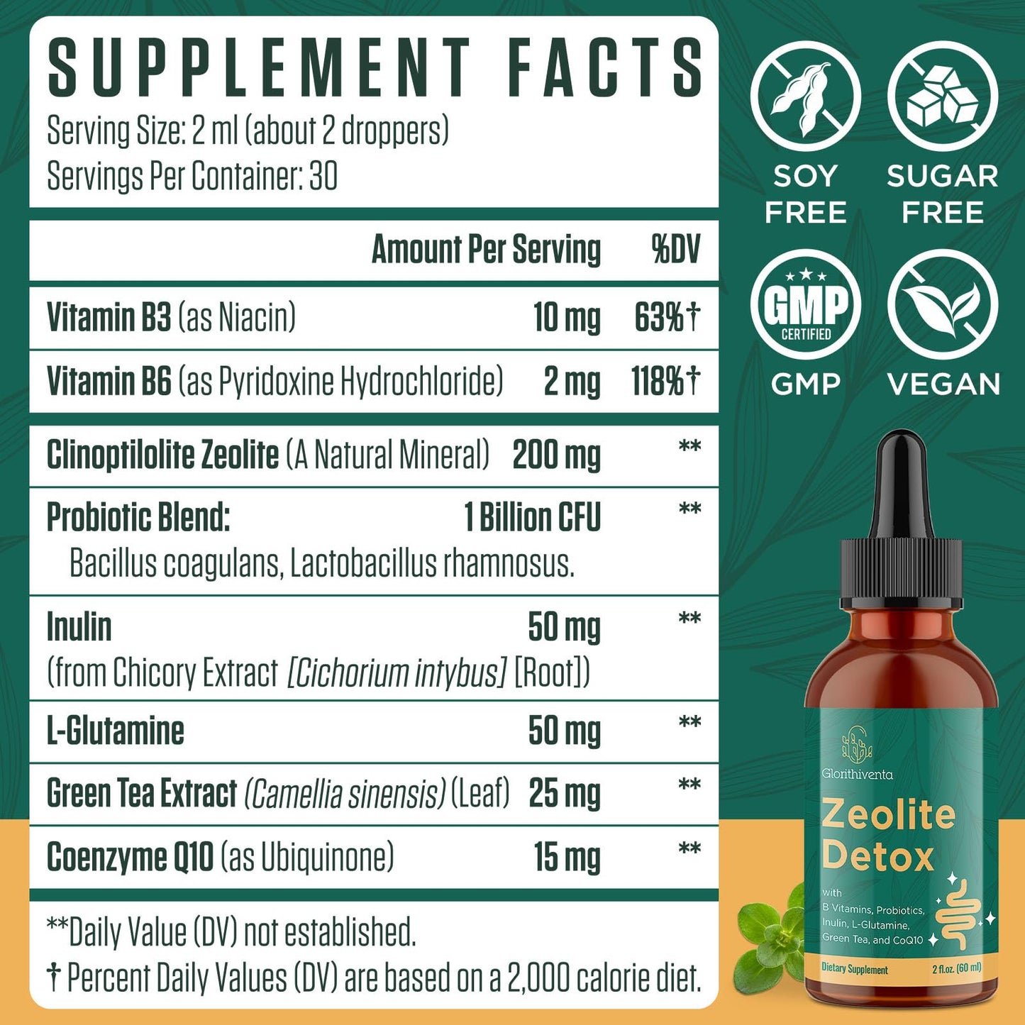 Glorithiventa Zeolite Detox for Adults, Zeolite Liquid Drops with Vitamin B, Probiotic Blend - Energy, Gut, Focus - 2 Fl Oz (1 Bottle) - dailyvitalstore