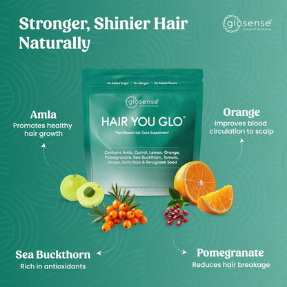 Glosense Hair You Glo – Plant-Based Biotin Supplement | Hair Growth Drink | Natural Hair Vitamins Powder with Amla, Sea Buckthorn, Gotu Kola | No Added Sugar, No Added Flavours | 30 Servings - dailyvitalstore