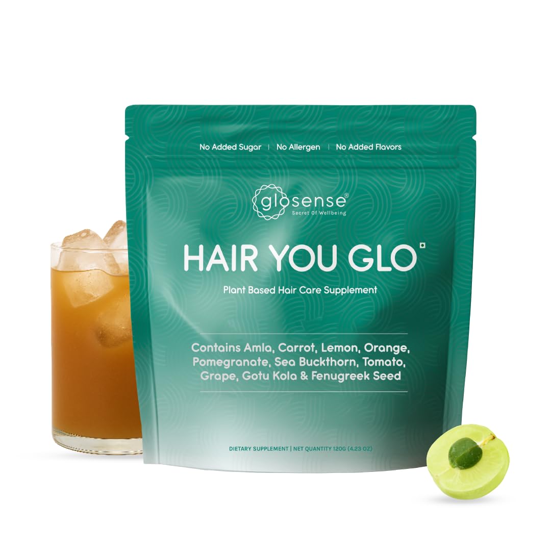 Glosense Hair You Glo – Plant-Based Biotin Supplement | Hair Growth Drink | Natural Hair Vitamins Powder with Amla, Sea Buckthorn, Gotu Kola | No Added Sugar, No Added Flavours | 30 Servings - dailyvitalstore
