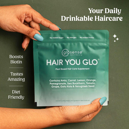 Glosense Hair You Glo – Plant-Based Biotin Supplement | Hair Growth Drink | Natural Hair Vitamins Powder with Amla, Sea Buckthorn, Gotu Kola | No Added Sugar, No Added Flavours | 30 Servings - dailyvitalstore