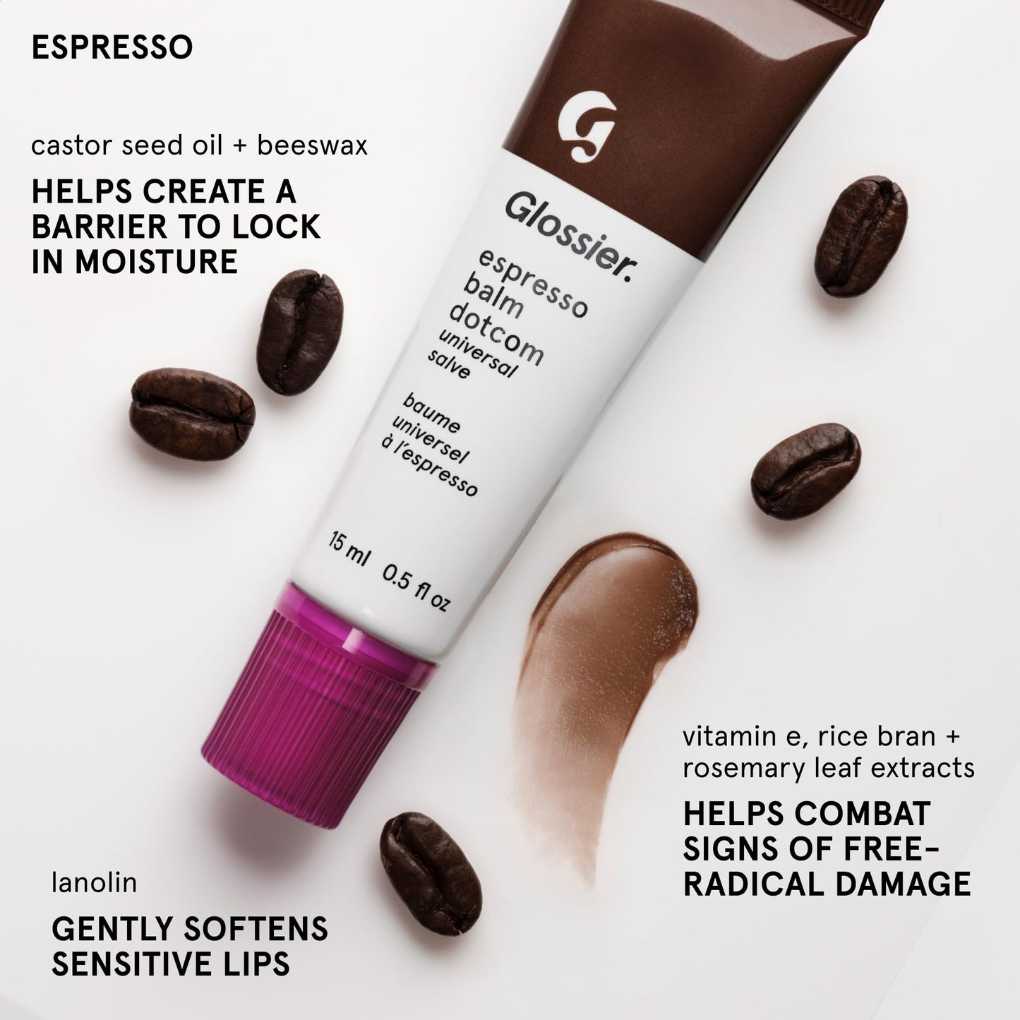 Glossier Balm Dotcom Hydrating Tinted Lip Balm - Universal Salve, Up to 12Hr Moisture for Dry Lips, Cuticles & Skin - Lanolin, Beeswax & Castor Oil - Espresso, Mocha Tint, 15ml - dailyvitalstore