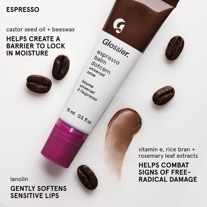 Glossier Balm Dotcom Hydrating Tinted Lip Balm - Universal Salve, Up to 12Hr Moisture for Dry Lips, Cuticles & Skin - Lanolin, Beeswax & Castor Oil - Espresso, Mocha Tint, 15ml - dailyvitalstore