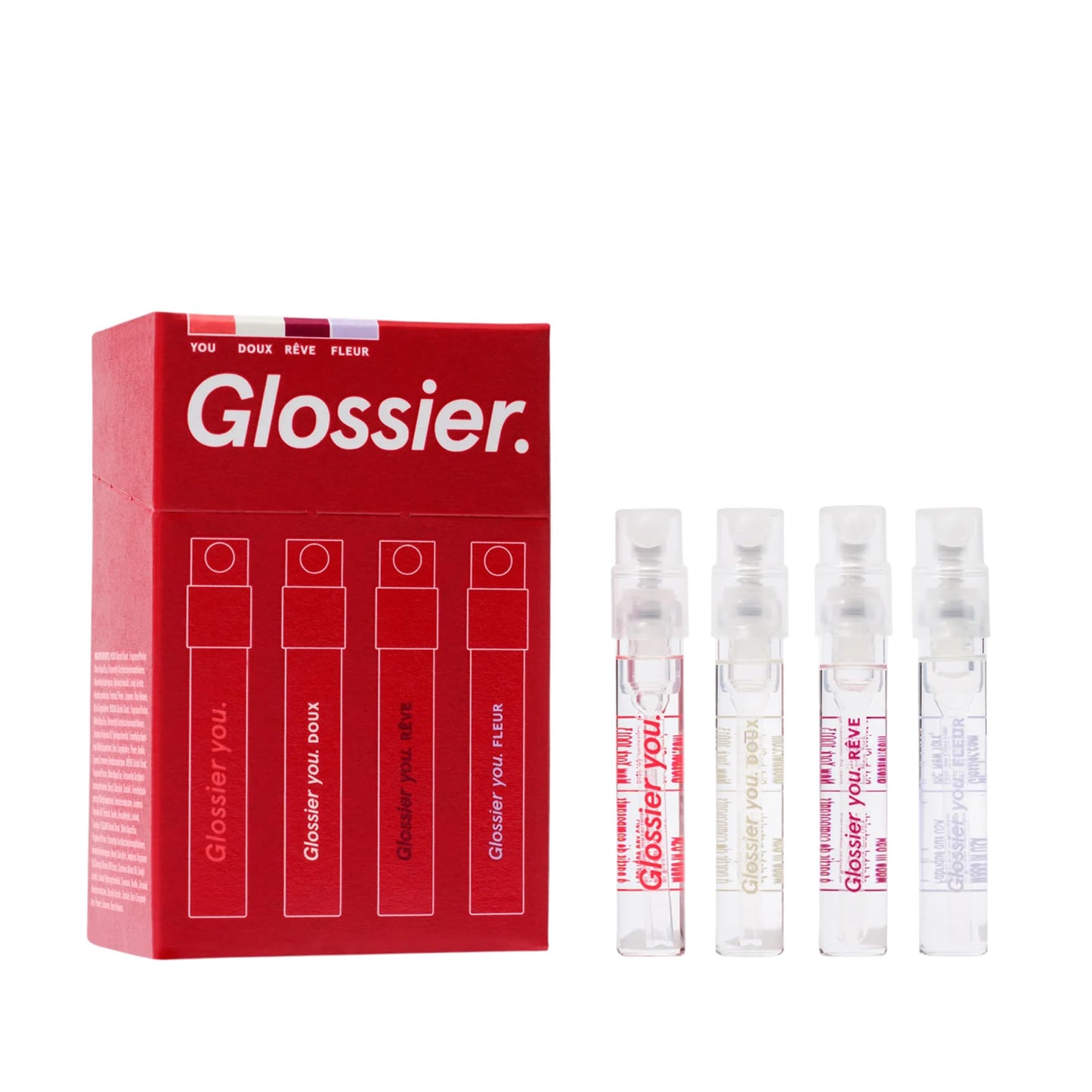 Glossier You Mini Wardrobe Fragrance Set - 4 Unisex Travel Size Eau de Parfum for Women & Men - Skin-Scent Enhancer Perfume Sampler, Smells Different on Everyone - You, Fleur, Doux, Rêve - 1.5ml Each - dailyvitalstore