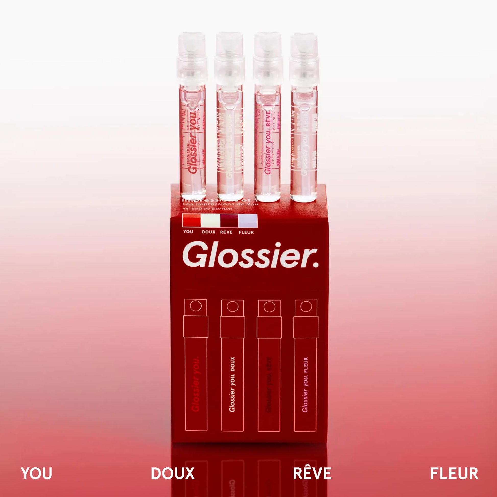 Glossier You Mini Wardrobe Fragrance Set - 4 Unisex Travel Size Eau de Parfum for Women & Men - Skin-Scent Enhancer Perfume Sampler, Smells Different on Everyone - You, Fleur, Doux, Rêve - 1.5ml Each - dailyvitalstore