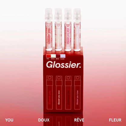 Glossier You Mini Wardrobe Fragrance Set - 4 Unisex Travel Size Eau de Parfum for Women & Men - Skin-Scent Enhancer Perfume Sampler, Smells Different on Everyone - You, Fleur, Doux, Rêve - 1.5ml Each - dailyvitalstore