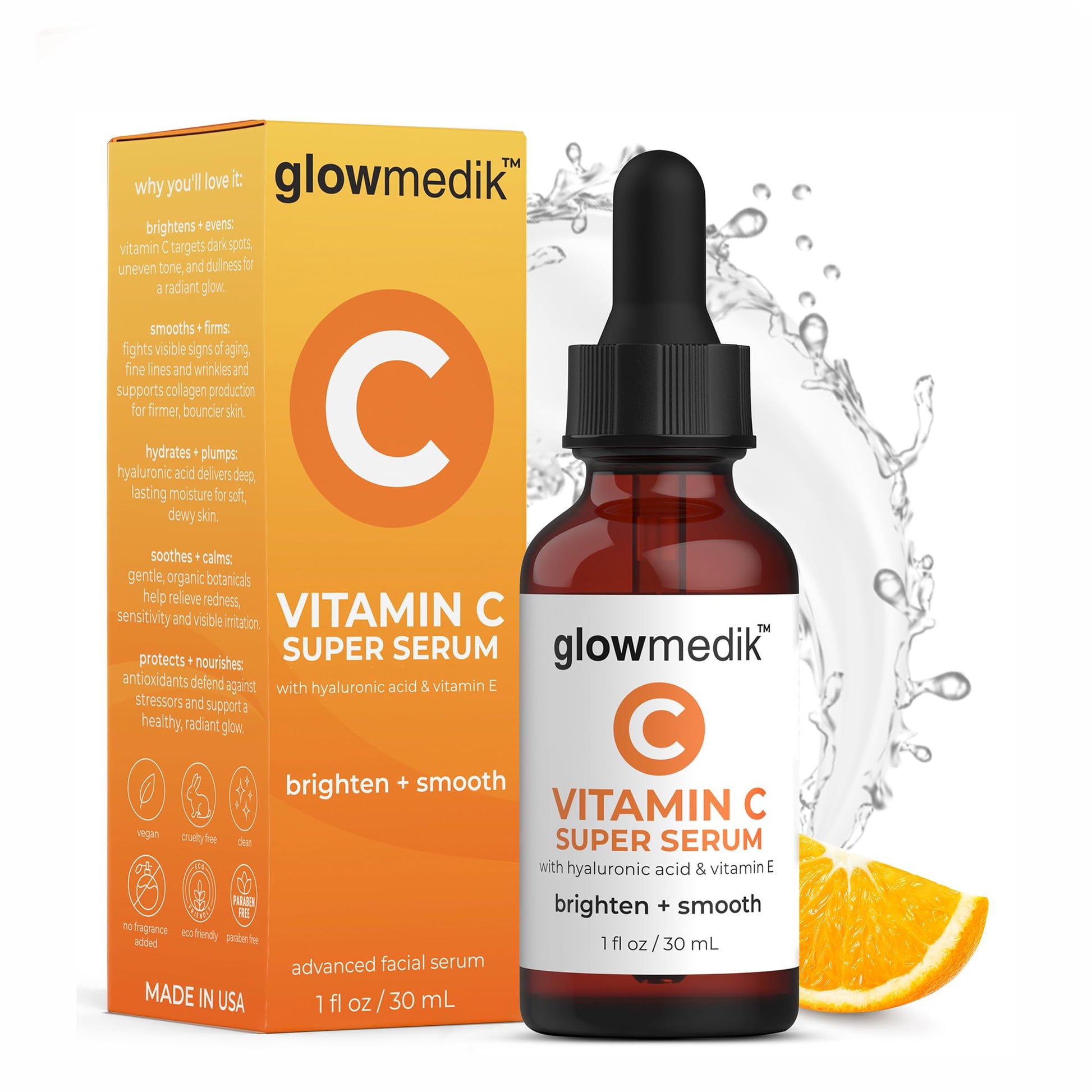 GlowMedik Vitamin C Serum for Face - Illuminating Brightening Serum for Dark Spots - Dark Spot Corrector with Hyaluronic Acid & Vitamin E - Fine Lines & Wrinkles, Sensitive Skin, Made in USA 1 fl oz - dailyvitalstore