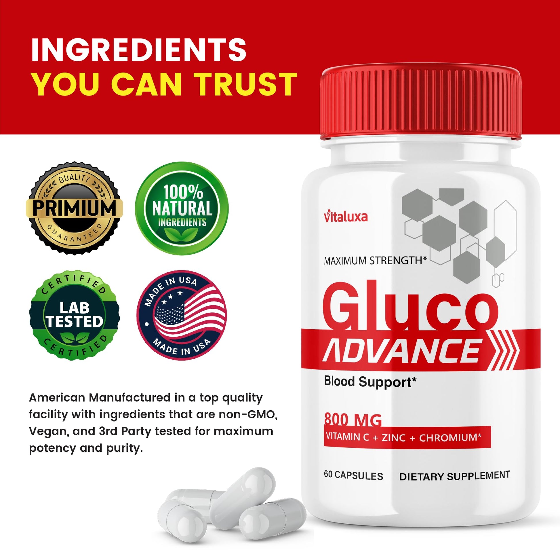 Gluco Advance Capsules, Gluco Advanced Blood Support Supplement GlucoAdvance Pills for Joints, GlucoseAdvance Premium Blend Flow Balance All Natural Formula Overall Health Wellness (60 Capsules) - dailyvitalstore