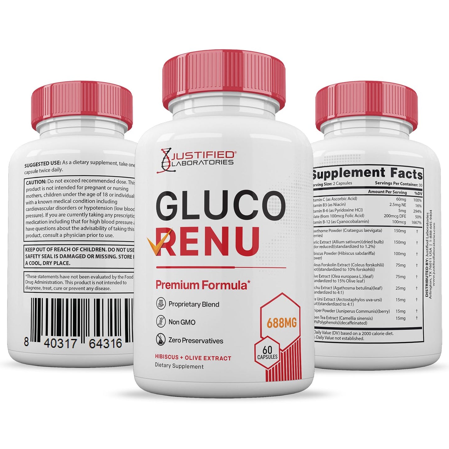 Gluco Renu 688MG Glyco Support Pills Premium Formula Gluo Renew Glycogen Support Formulated Hawthrone Hibiscus Garlic Junpier Powder Olive Forskolin Green Tea Extract 60 Capsules - dailyvitalstore