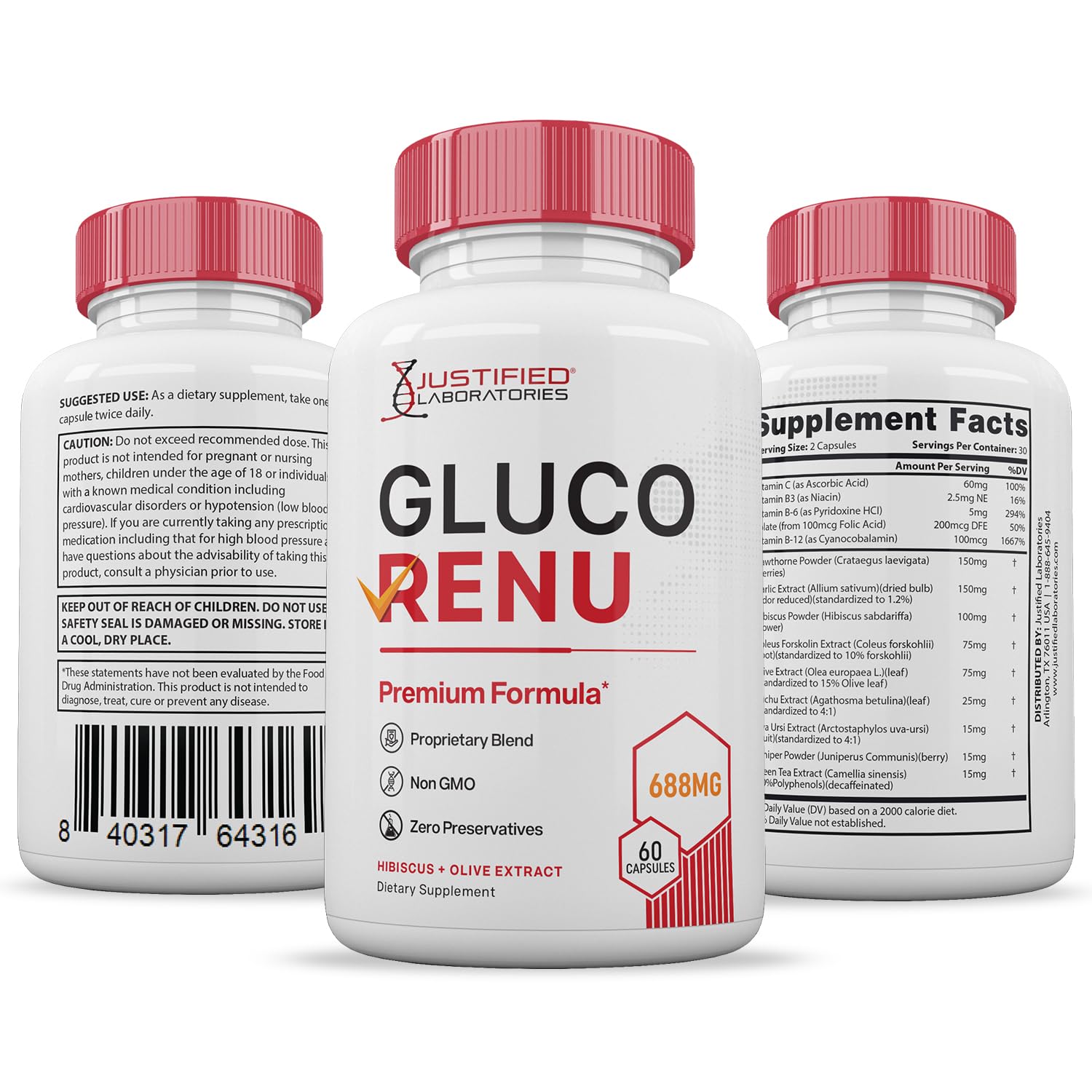 Gluco Renu 688MG Glyco Support Pills Premium Formula Gluo Renew Glycogen Support Formulated Hawthrone Hibiscus Garlic Junpier Powder Olive Forskolin Green Tea Extract 60 Capsules - dailyvitalstore